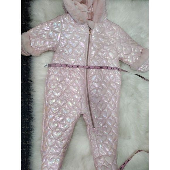 Rothschild & Co Baby Girls Hooded Quilted-Heart Footed Pram Faux-Fur Trim 12M - Picture 5 of 6